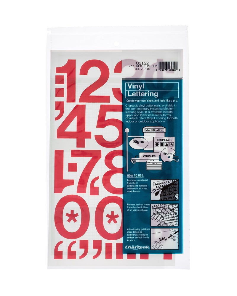 Chartpak أرقام فينيل ذاتية اللصق من تشارتباك، بارتفاع 2 بوصة، حمراء، (01152) - عبوة من 12 - Image 1